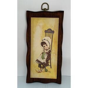 Vintage Big Eye Girl MCM Wall Art Print Girl In Rocker With Cat Decoupage Wood